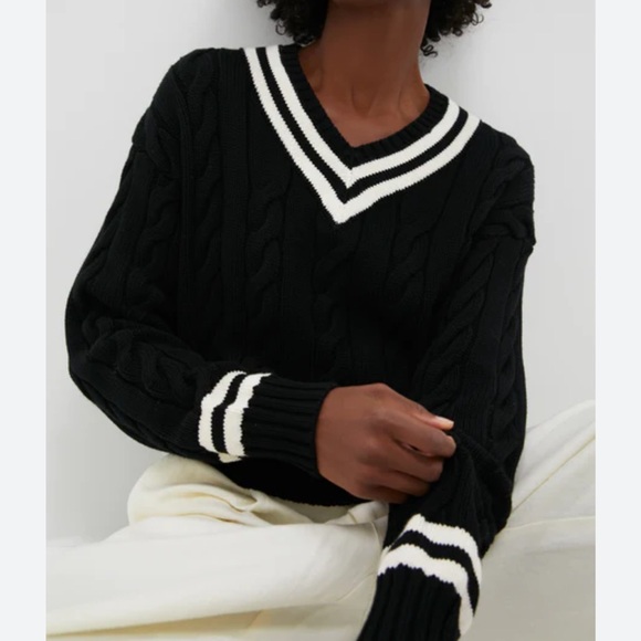 Elodie Sweaters - Elodie Black Knit Sweater with White Trim VNeck Sweater